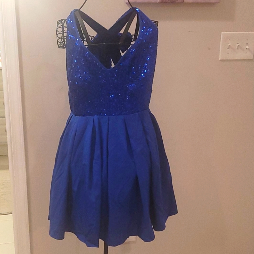 Sequined Blue Skater Dress Strappy Back with Bow S